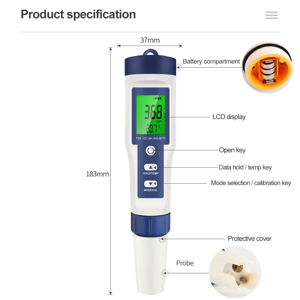 Ec Meter Digital - 5-in-1デジタルPH TDS EC塩分温度テスター導電率計フィルター純度水質検出器（ラボ用）